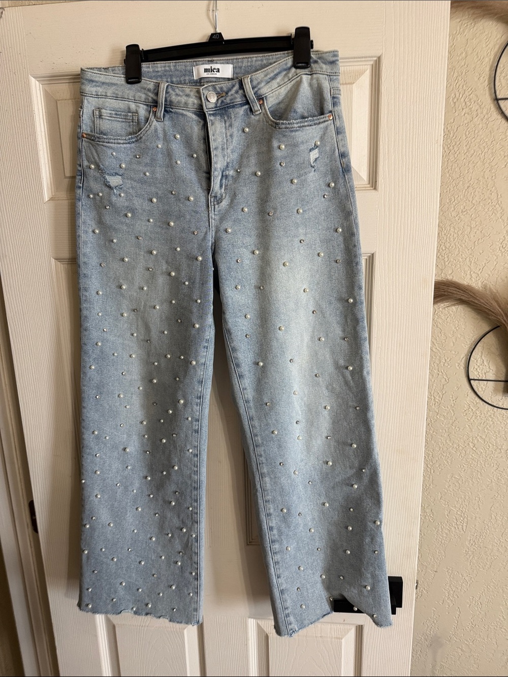 Mica Light Blue Pearl-Embellished Wide Leg Jeans